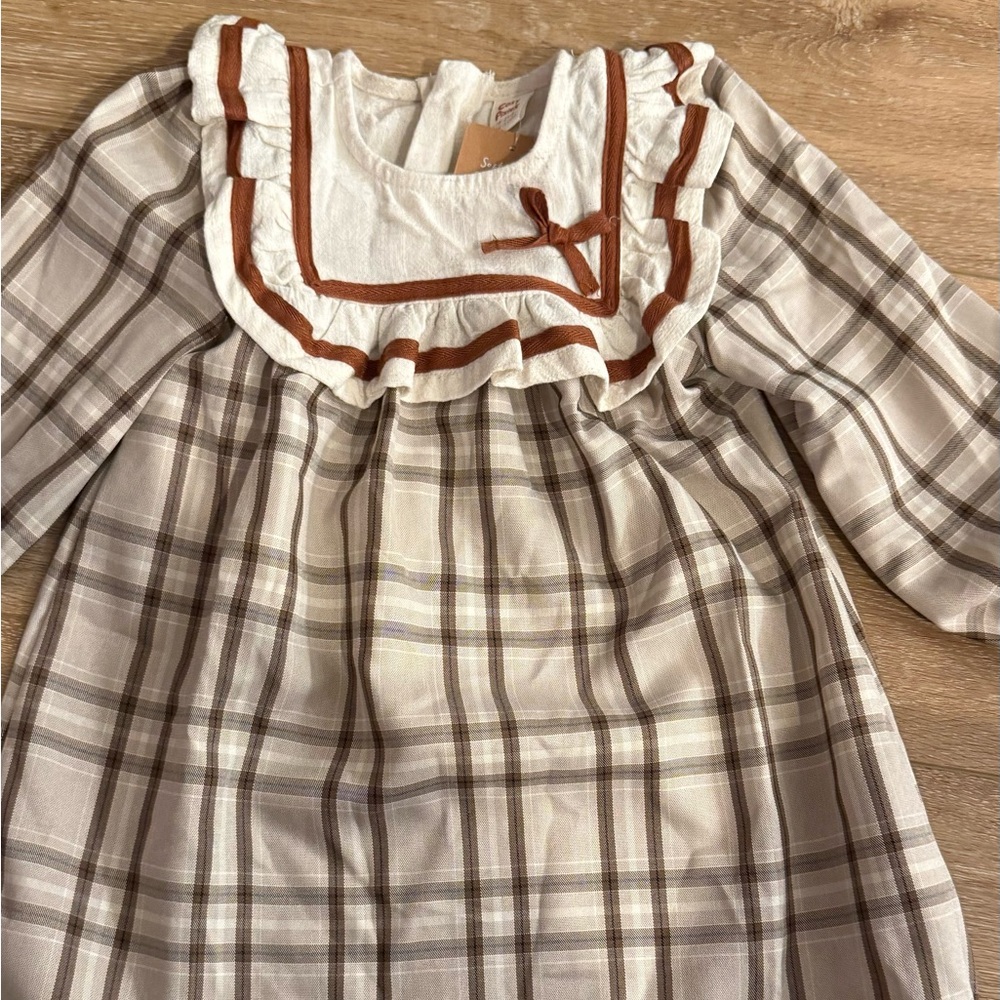 Plaid Long Sleeve Dress with Ruffle Trim